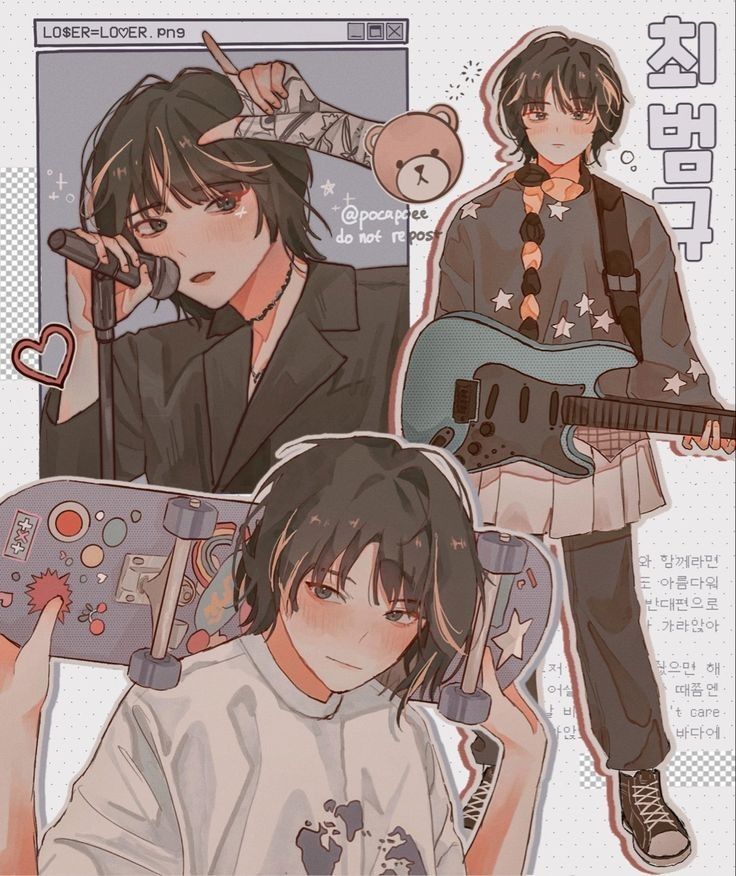 two anime characters with guitars and one holding a guitar