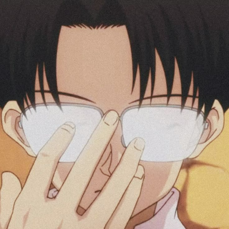 an anime character with glasses covering his face