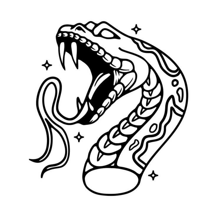 a black and white drawing of a snake's head with its mouth wide open