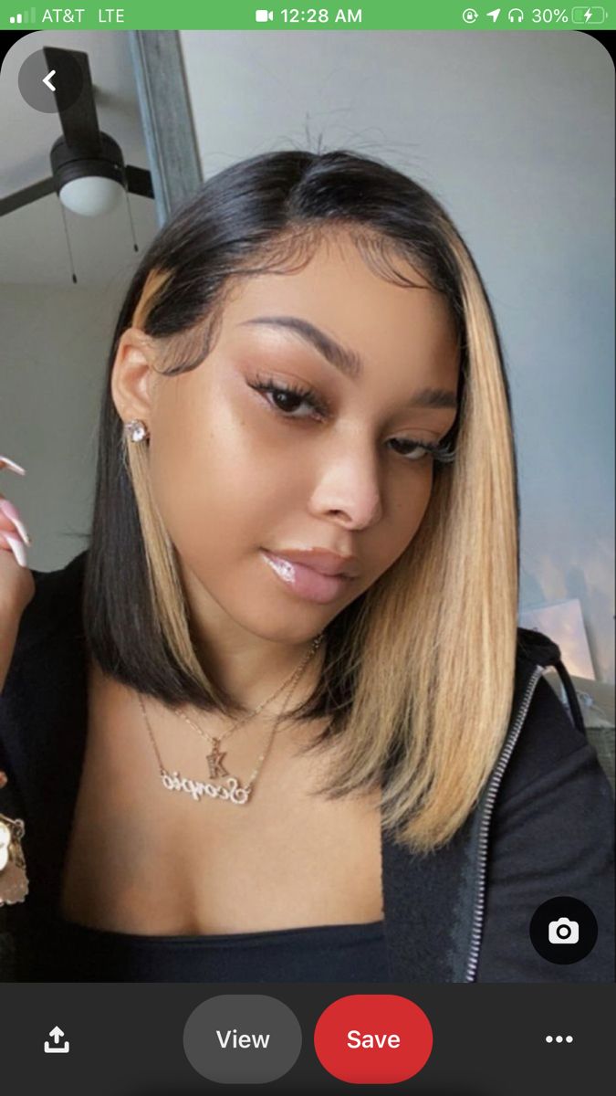 Brown With Blonde Highlights Bob, Two Strands Of Hair Dyed, Under Color Hair Ideas Black Women, Black And Blonde Short Hair, Block Colour Hair, Blonde Hair With Peekaboo Color, Black Hair With Blonde Peekaboos, Under Color Hair, Jet Black Hair With Highlights