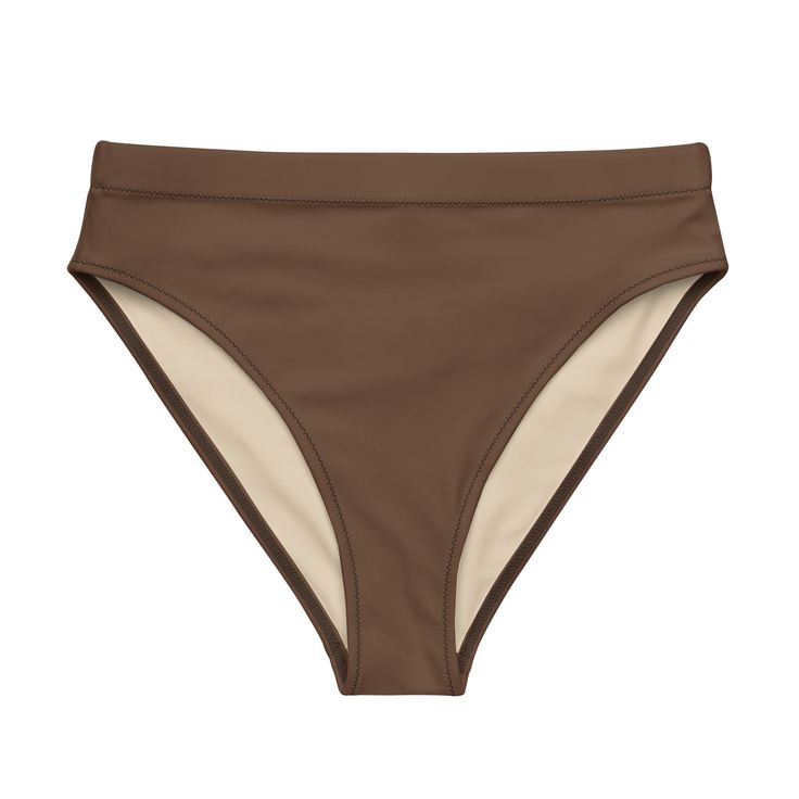 Eco-Recycled High-Waisted Cheeky Bikini Bottom Casual Brown Swimwear For Sunbathing, Casual Stretch Brown Swimwear, Casual Brown Stretch Swimwear, Casual Brown Swimwear For Beach Season, High Waist Brown Swimwear For Beach Season, Sporty High Waist Swimwear For Surfing, Fitted Brown Bottoms For Vacation, Stretch Brown Swimwear For Swimming, Stretch Brown Swimwear For Pool