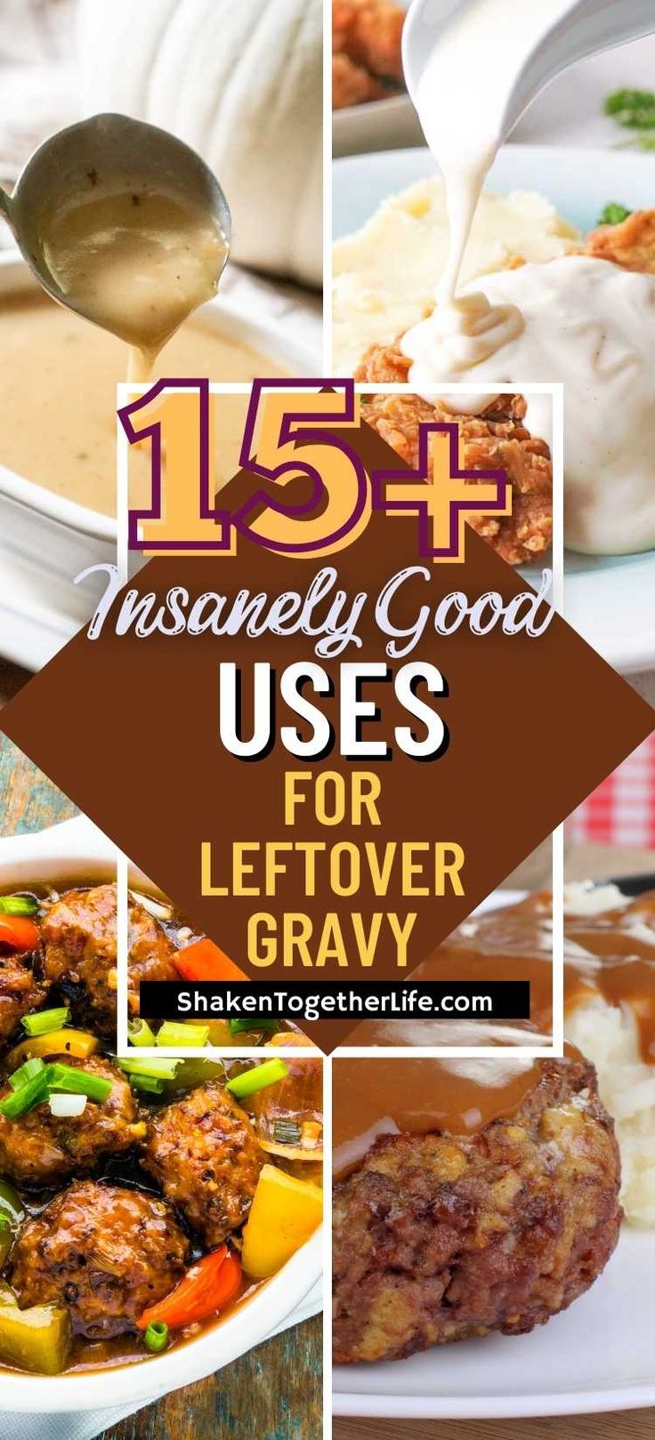 a collage of images with the words 15 + mashed good uses for leftover gravy