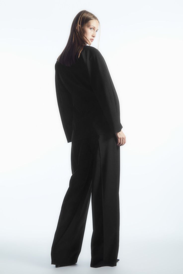 WIDE-LEG TAILORED WOOL TROUSERS - BLACK - COS Fall Wide-leg Pantsuit With Welt Pockets, Elegant Wide-leg Formal Culottes, Elegant Formal Wide-leg Culottes, Chic Wide Leg Dress Pants With Concealed Placket, Tailored Wide-leg Dress Pants For Fall, Tailored Wool Wide Leg Pants For Office, Chic Wool Wide Leg Pants With Welt Pockets, Wool Wide Leg Dress Pants, Modern Tailored Wide Leg Pantsuit