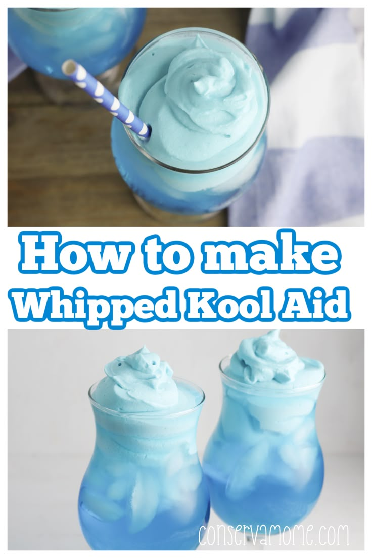 how to make whipped kool aid recipe in two different glasses with text overlay