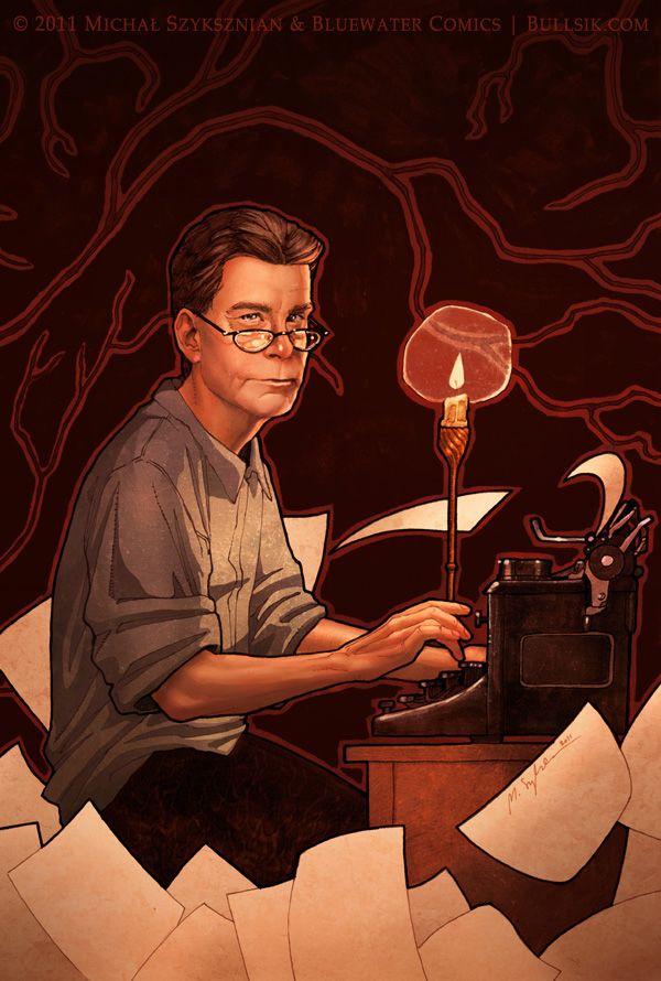 a painting of a man typing on an old typewriter with paper blowing around him