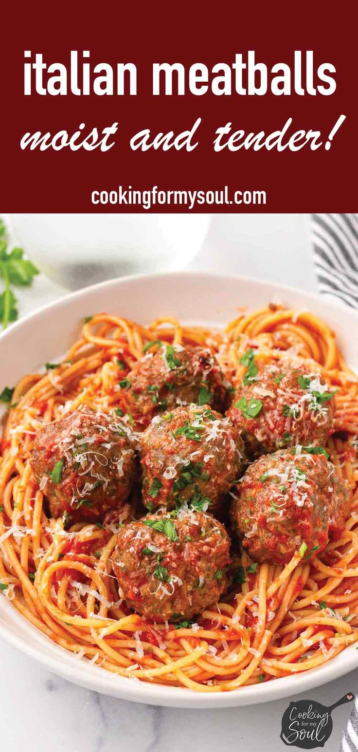 spaghetti with meatballs and sauce in a white bowl