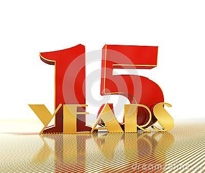 a red and gold five year anniversary sign on a white background with the number fifteen