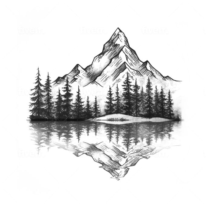 a drawing of mountains and trees reflected in the water