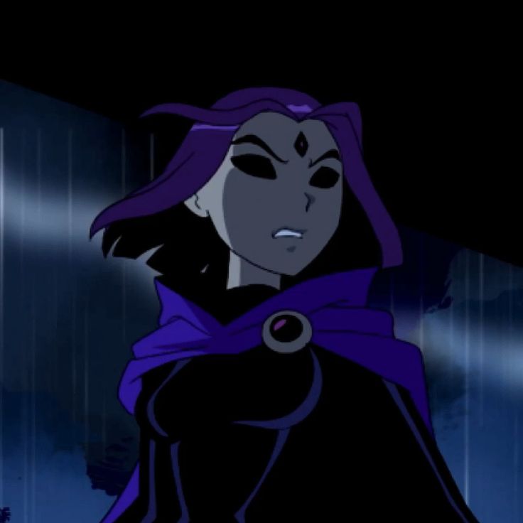 an animated image of a woman with purple hair and black eyes, wearing a cape