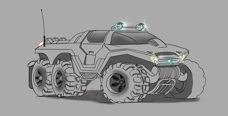 a drawing of a monster truck with lights on it's roof and front wheels