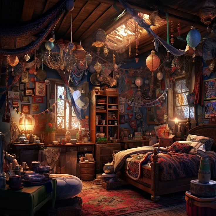 an image of a bedroom that is decorated in fantasy style with lights and decorations on the ceiling