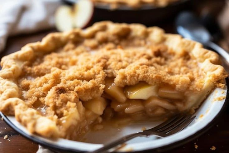 an apple pie on a plate with a fork