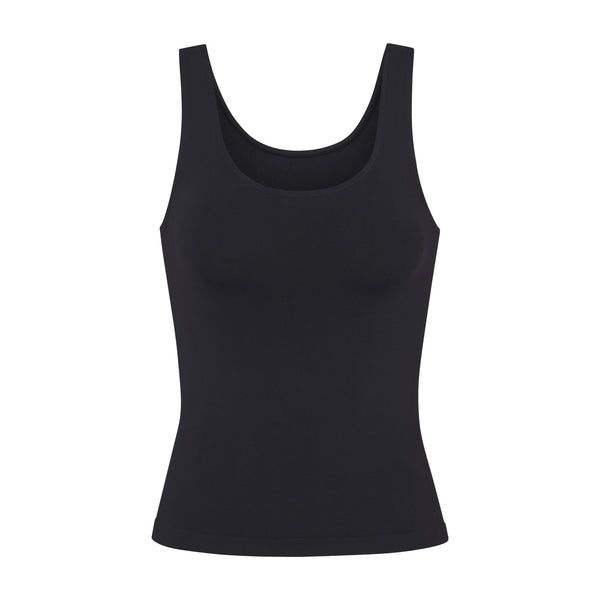 Soft Lounge Tank - Onyx | SKIMS Everyday Tank Top With Built-in Bra And Scoop Neck, Everyday Ribbed Scoop Neck Camisole, Everyday Ribbed Camisole With Scoop Neck, Scoop Neck Tank Top With Built-in Bra, Basic Seamless Tank Top For Layering, Seamless Sleeveless Tank Top For Layering, Seamless Sleeveless Tank Top For Loungewear, Sleek Second-skin Seamless Tank Top, Basic Seamless Camisole For Loungewear