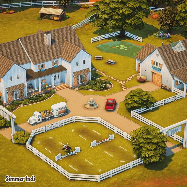 an aerial view of a farm with horses, cars and trucks in the yard area