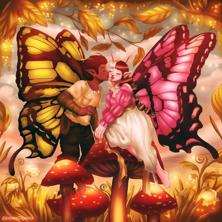 two people are sitting on top of mushrooms with butterflies flying above them, and one is kissing the other's forehead