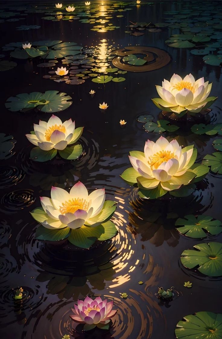 several water lilies floating on top of a body of water