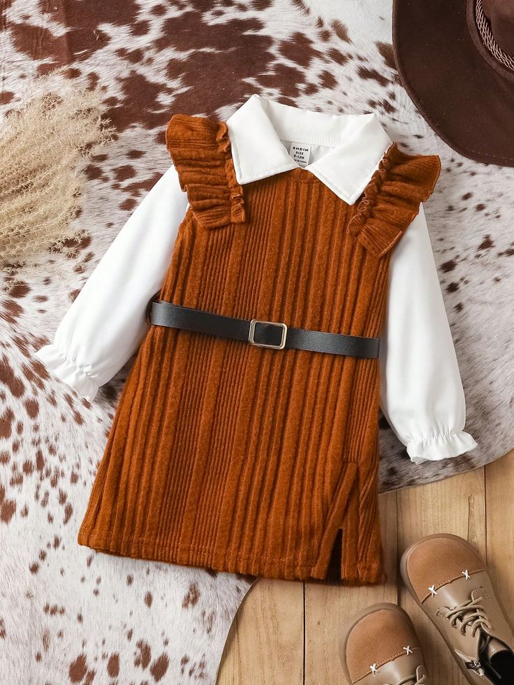 Baby Girls' Casual Vintage Elegant Turn-Down Collar Top With Dress Set And Belt, Suitable Brown Elegant  Long Sleeve PU Leather,Woven Fabric,Rib knit Plain  Slight Stretch  Baby Girls Clothing, size features are:Bust: ,Length: ,Sleeve Length: Stitch Fit, Puff Sleeve Shirt, Brown Long Sleeve, Collar Top, Vintage Elegant, Dress Set, Knitted Tank Top, Casual Girl, Kids Beachwear