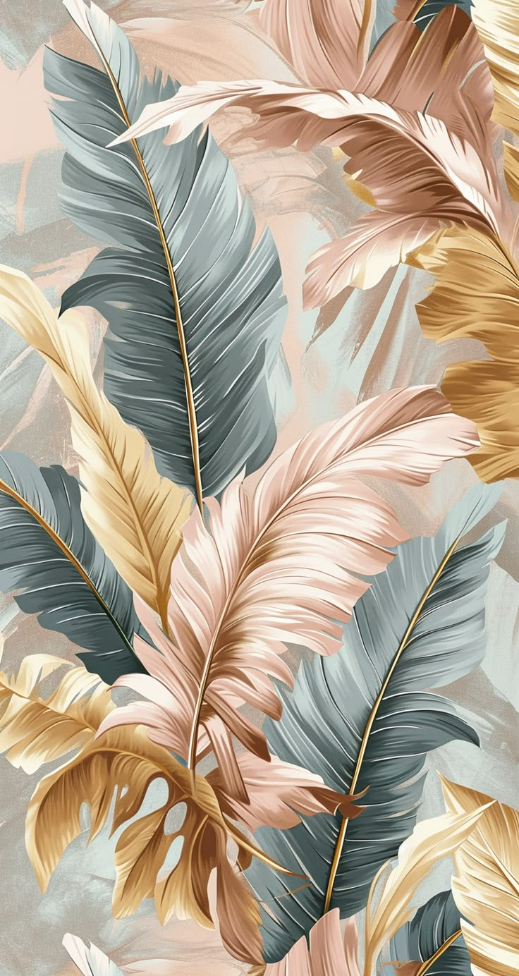 an image of a wallpaper with tropical leaves on the back and beige, blue, pink