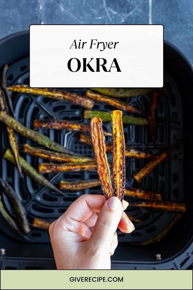 air fryer okra fries with text overlay