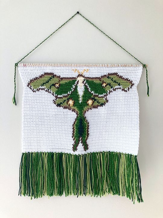 a cross stitch wall hanging with green fringes