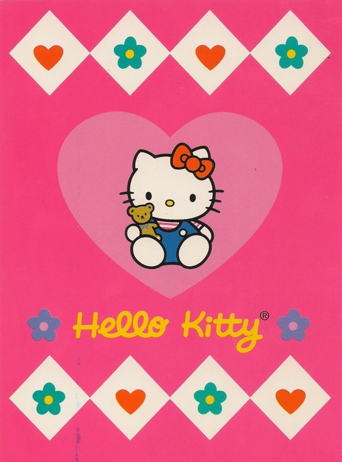 an image of a hello kitty card with hearts and flowers in the background on pink