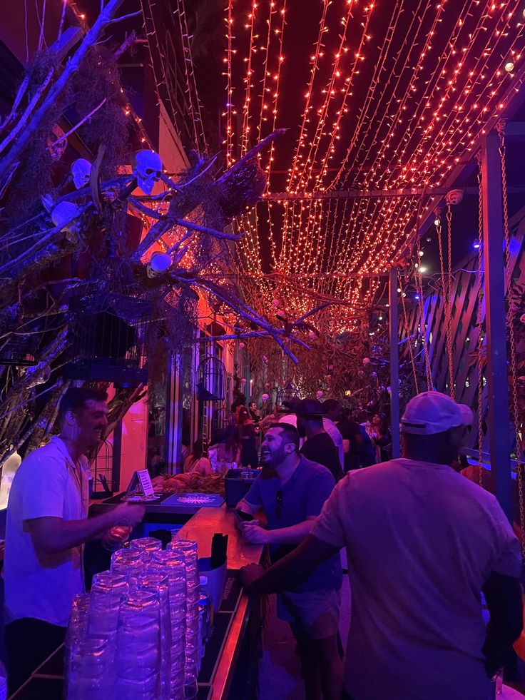 people are sitting at a bar with lights on the ceiling and trees in the background