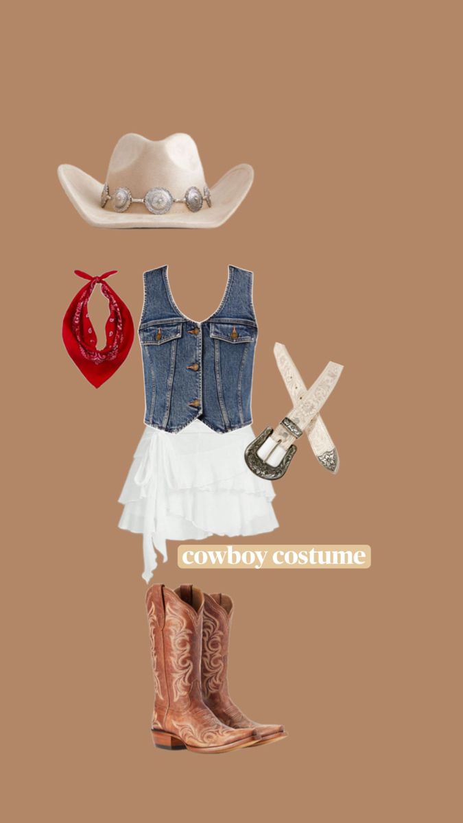 a cowboy outfit with boots and a red purse on top of it is featured in the magazine cowboy costume