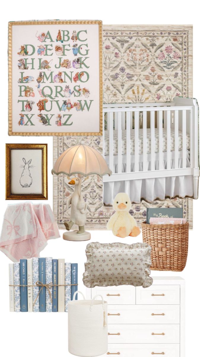 a baby's nursery is decorated in pastel colors and neutrals, including the crib