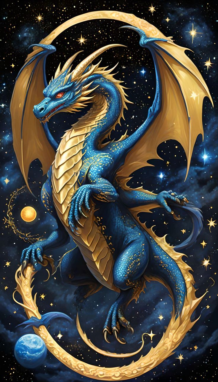 a blue and gold dragon sitting on top of a moon in the dark night sky