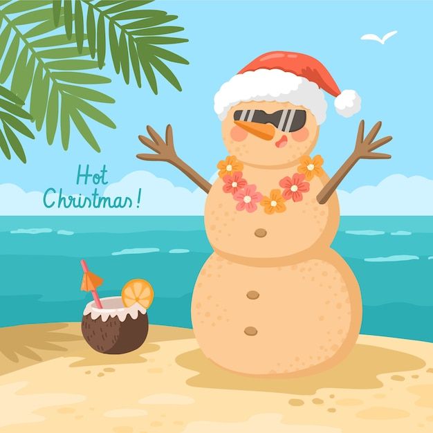 a snowman on the beach wearing a santa claus hat and holding a coconut drink