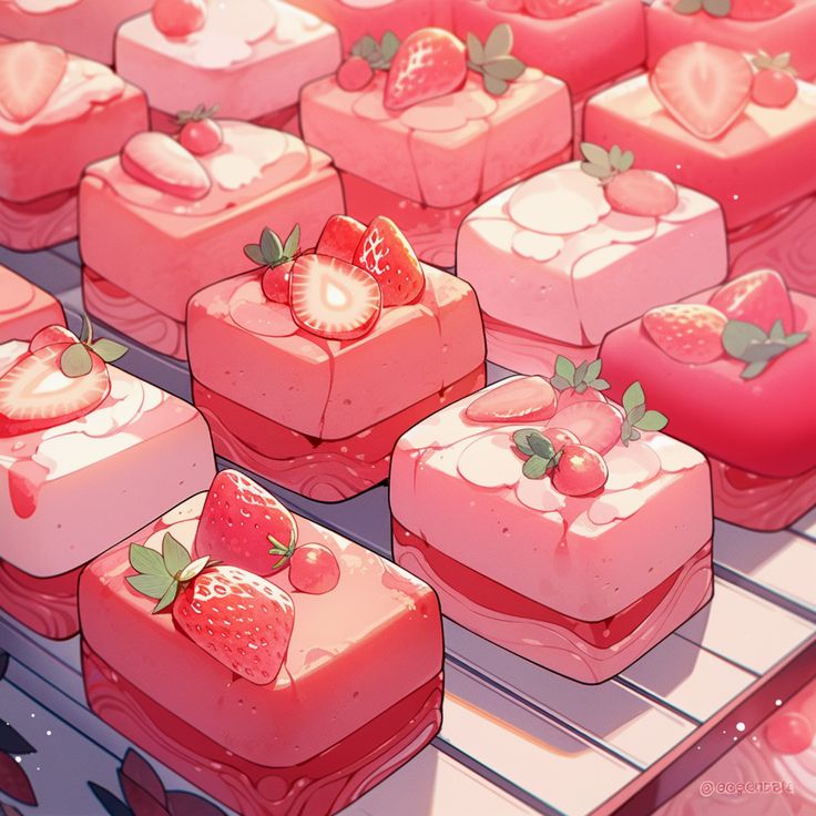 there are many cakes with strawberries on them