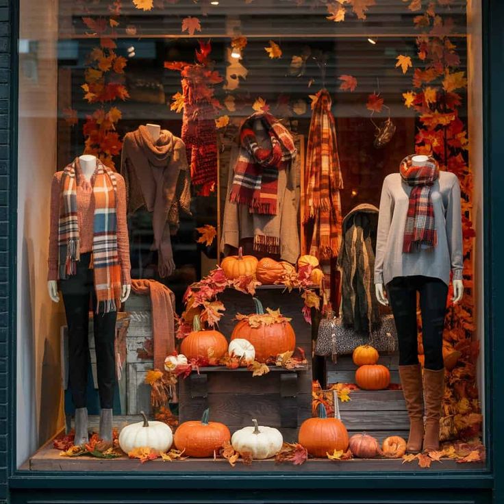 an autumn window display with pumpkins and scarves