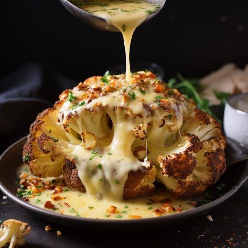 a spoon drizzling sauce onto a piece of cauliflower on a plate