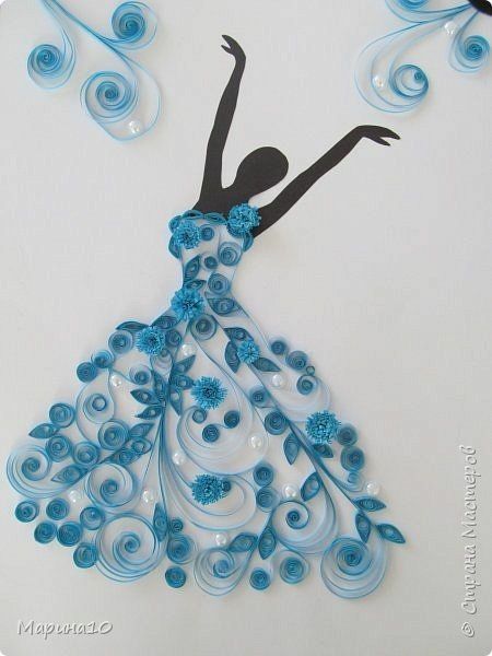 a woman in a blue dress made out of paper and quillings on a white background