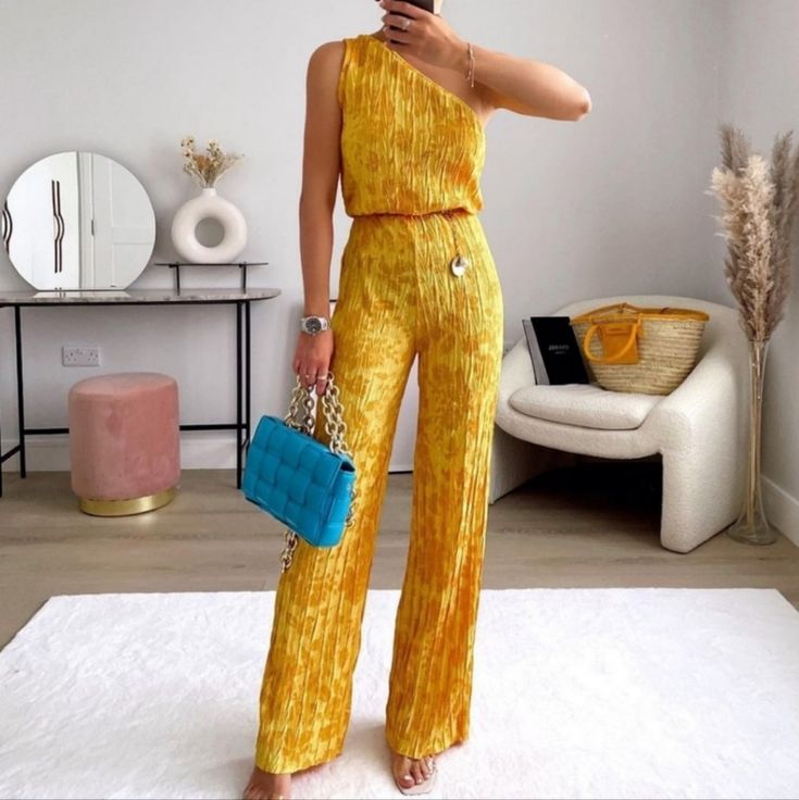 Nwt Zara Jacquard Asymmetrical Jumpsuit Bloggers' Favorite! This Season's-Must Have! Gorgeous Marigold Yellow Jumpsuit With One Shoulder, Elastic Waist, Full Length Pant. Belt Is Not Included. New With Tags Size M B79 Chic Yellow Jumpsuit For Party, Chic Yellow Jumpsuits And Rompers For Party, Casual Yellow Sets For Party, Chic One-shoulder Summer Set, Chic One Shoulder Summer Sets, Chic Gold Sets For Spring, Gold Chic Sets For Spring, Chic Yellow Sleeveless Sets, Chic Sleeveless Yellow Sets