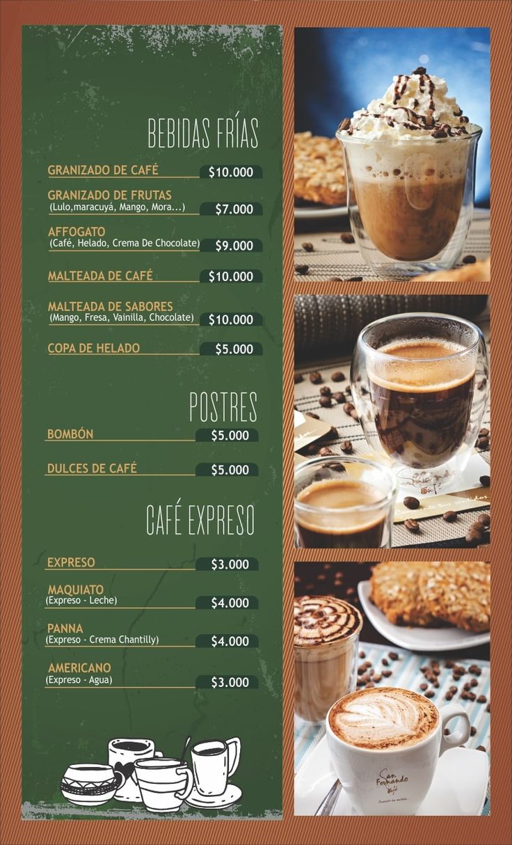 a menu for coffee and desserts on a table with other items in the background