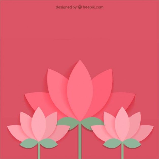 three pink paper flowers with green leaves on the top and bottom, against a red background