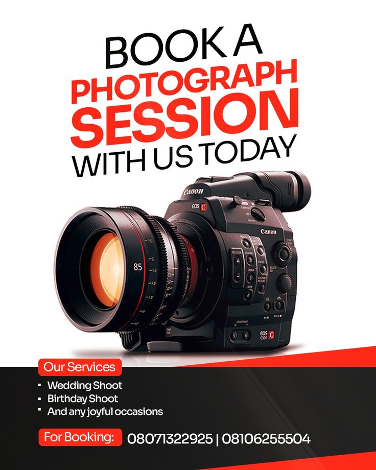 a camera with the words book a photography session with us today