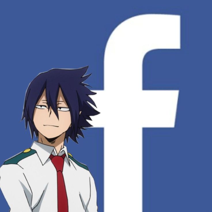 an anime character is standing in front of the facebook logo with his hands on his hips