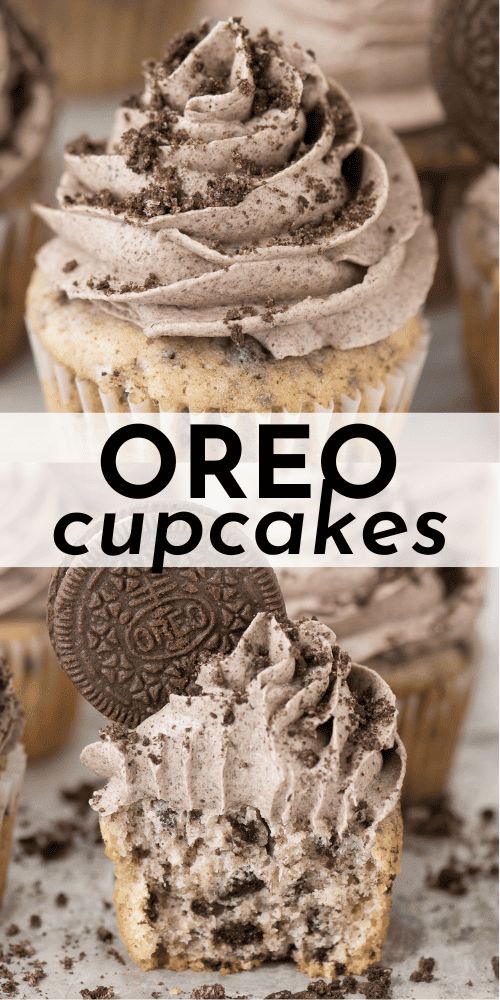 oreo cupcakes with chocolate frosting and oreos on the top one