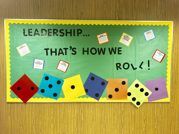 a bulletin board with dices on it that says, leadership that's how we roll