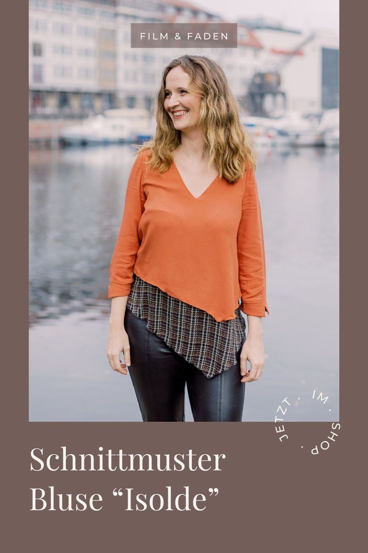 a woman standing in front of water with the words schnittmuster bluse is