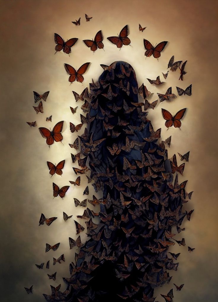 a woman's face surrounded by butterflies in the shape of a human head and body