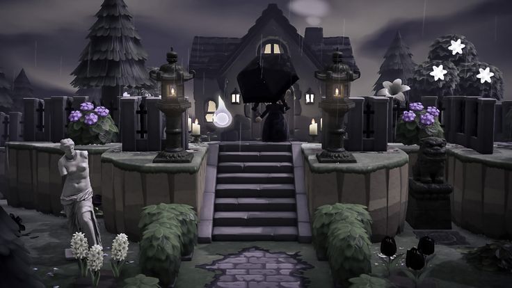 an animated image of a castle with stairs and flowers in the foreground at night