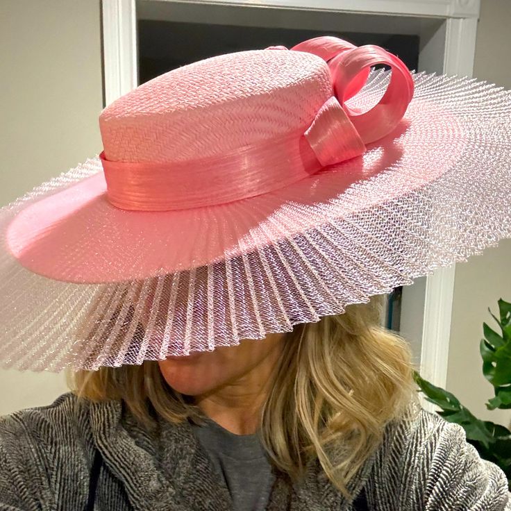 Beautiful Pink Derby Hat With Wide Crinoline Brim And Silk Abaca Headband. Made In Australia Addition Of Elastic For Easy Wear Feminine Fitted Hat With Curved Brim, Feminine Fitted Hat For Garden Party, Pink Fitted Straw Hat For Spring, Pink Fitted Straw Hat For Garden Party, Fitted Pink Boater Hat For Garden Party, Kentucky Derby High Crown Hat Bands, Elegant Pink Hat With Ribbon, Spring Fitted Boater Hat With High Crown, Fitted High Crown Boater Hat For Spring