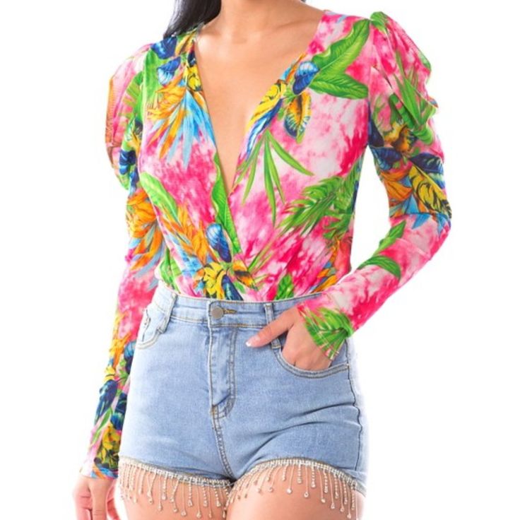 Floral Print Surplice Bodysuit - Floral & Hawaiian Print - Plunging & V-Neck Line - Surplice & Wrap - Fitted Bodysuit - Puff & Long Sleeves Pink Floral Print Bodysuit For Party, Party Pink Floral Print Bodysuit, Summer Party Bodysuit With Print, Summer Party Bodysuit With Printed Details, Summer Party Printed Bodysuit, Multicolor V-neck Bodysuit For Vacation, Multicolor V-neck Bodysuit For Summer, Long Sleeve Multicolor Bodysuit For Summer, Multicolor Long Sleeve Bodysuit For Summer