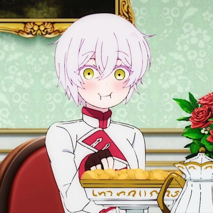 an anime character is holding a tray with food in front of flowers and a vase