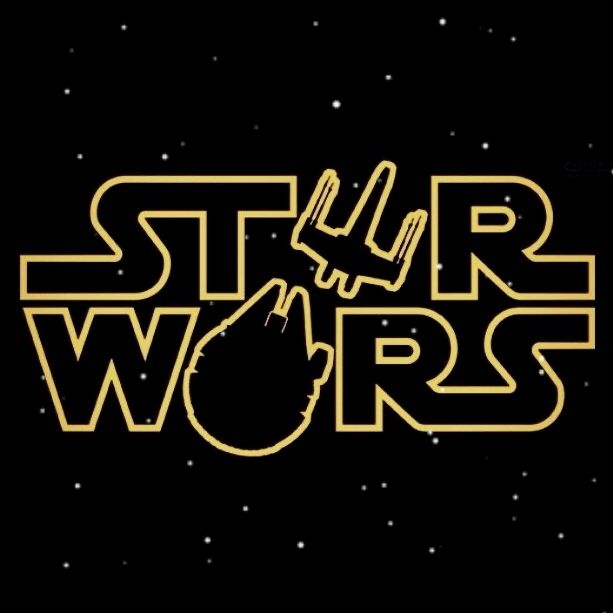 the title for star wars, written in gold on a black background with white stars