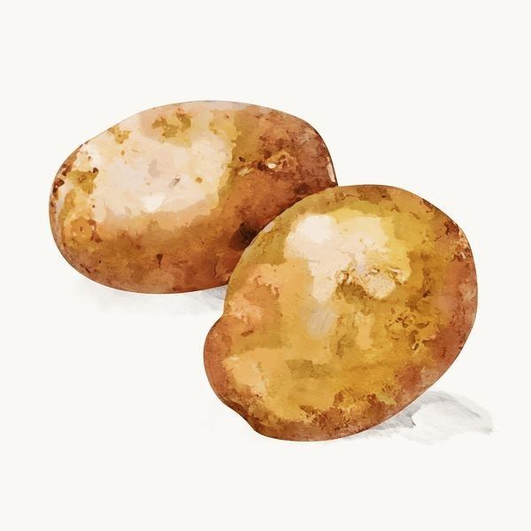 two potatoes sitting next to each other on top of a white surface with watercolor paint