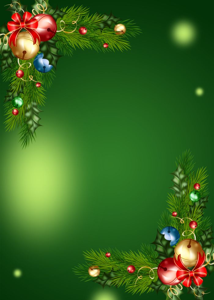 a green christmas background with ornaments and bells on the corner, surrounded by holly branches